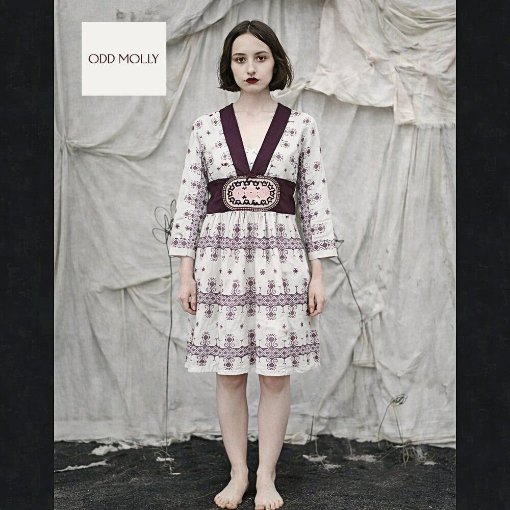 Odd Molly Cotton Four Continents Tunic Dress Plum Embroidered Knee Length Sz 1/S